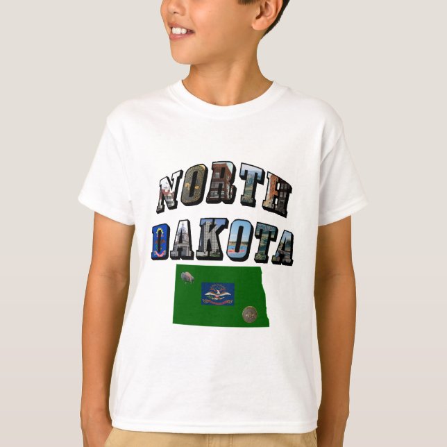 Camiseta Texto de imagen de Dakota del Norte, mapa, niño de (Anverso)