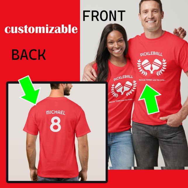 Camiseta Texto del Personalizado ROJO (frontal y posterior) (Customizable Back and Front unisex pickleball t-shirt)
