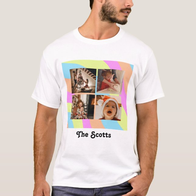 Camiseta Texto personalizado del arcoiris pastel y 4 fotos (Anverso)