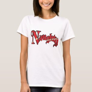 Camiseta Texto Retro de Navidad, Travieso en Letras Rojas