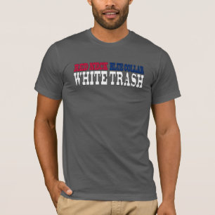 Camiseta Texto rojo de la basura blanca del cuello azul del