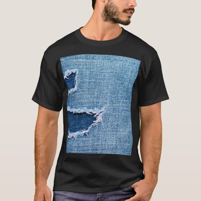 Camiseta Textura de tela de denim desgarrada, tonos azules. (Anverso)