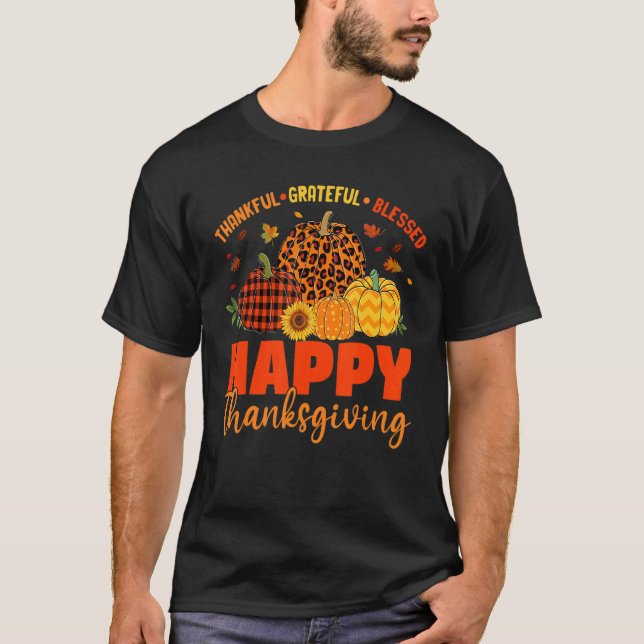 Camiseta Thankful Grateful Blessed Leopard Plaid Pumpkin Th (Anverso)