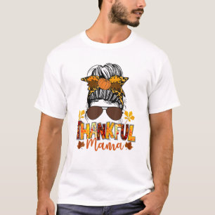 Camiseta Thankful Mama Leopard Messy Bun Fall Leaves Thanks