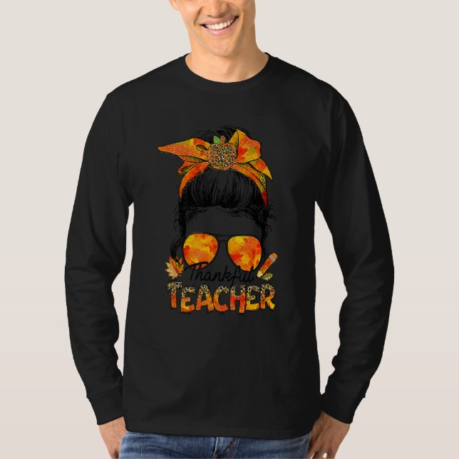 Camiseta Thankful Teacher Leopard Messy Bun Autumn Thanksgi (Anverso)