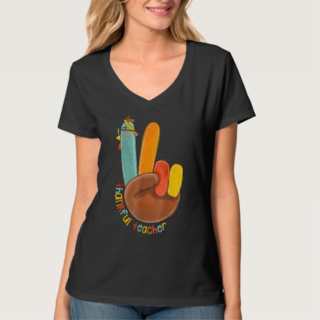 Camiseta Thankful Teacher Peace Hand Sign (Anverso)