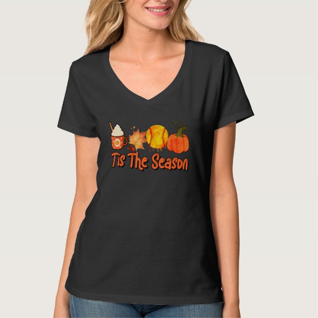 Camiseta Thankful Tis The Season Softball Pumpkin Latte Cof (Anverso)