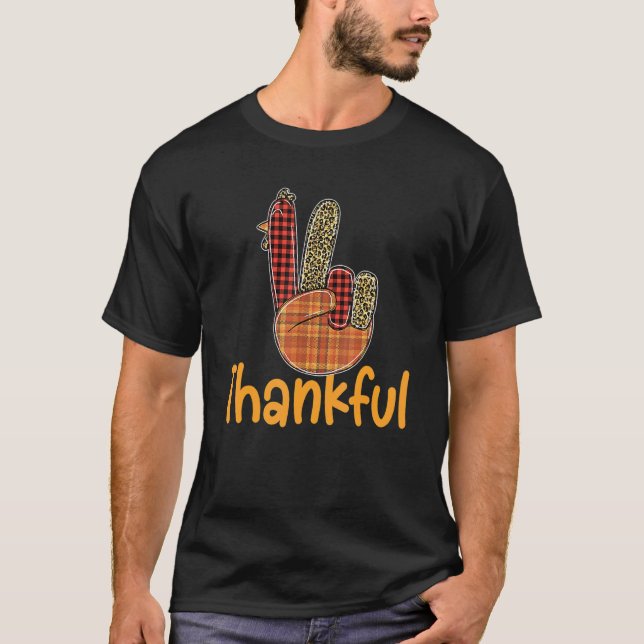 Camiseta Thankful Turkey Hand Sign Peace Leopard Plaid Than (Anverso)