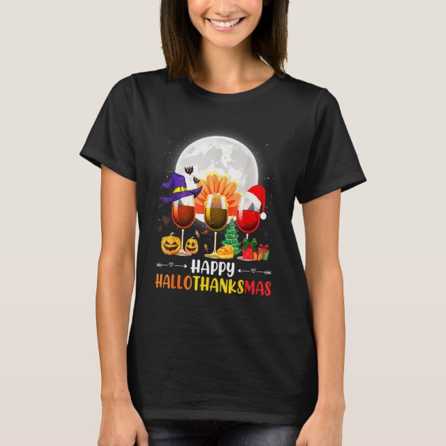 Camiseta Thankgiving Halloween Wine Glass Happy Hallothanks (Anverso)