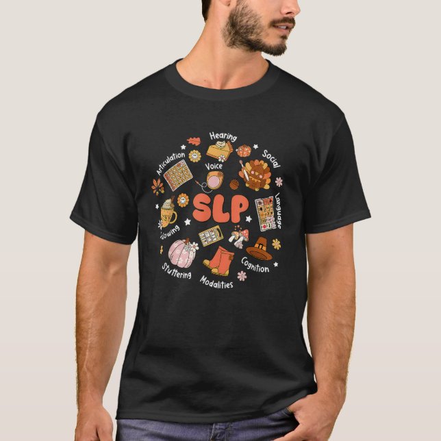 Camiseta Thanksgi, terapeuta del discurso del SLP, cae Turq (Anverso)