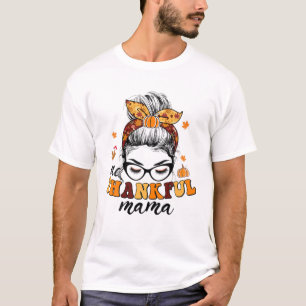 Camiseta Thanksgiv de otoño, mujer de un bollo desordenado