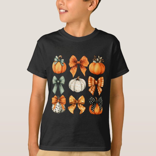 Camiseta Thanksgiving Autumn Fall Leaves Coquette Bow Pumpk (Anverso)