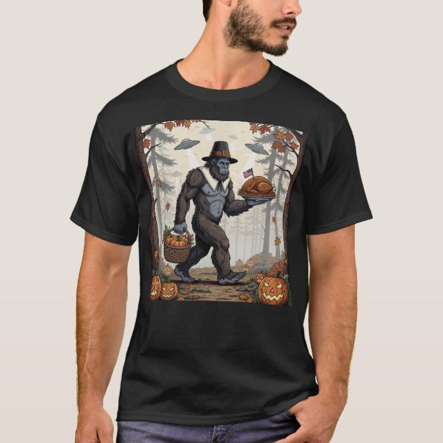 Camiseta Thanksgiving Bigfoot UFO Funny Sasquatch Turkey (Anverso)