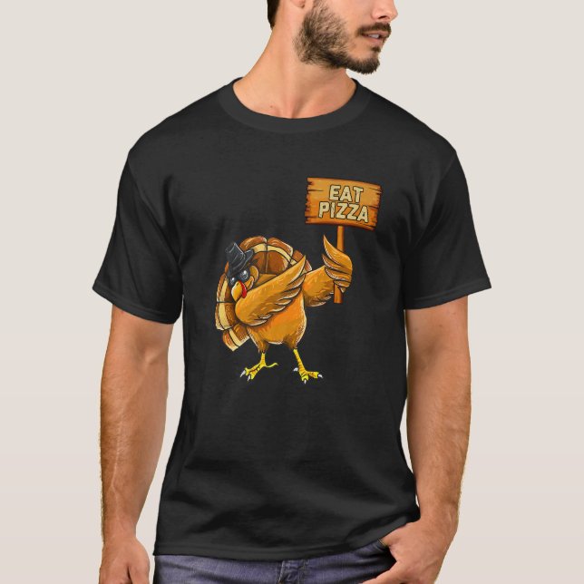 Camiseta Thanksgiving Dabbing Turkey Eat Pizza Adult Vegan  (Anverso)