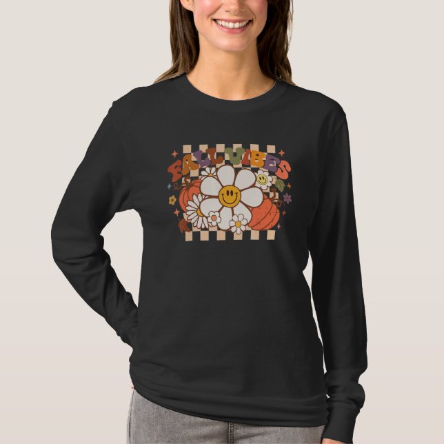 Camiseta Thanksgiving Fall Vibes Retro Groovy Flower Pumpki (Anverso)