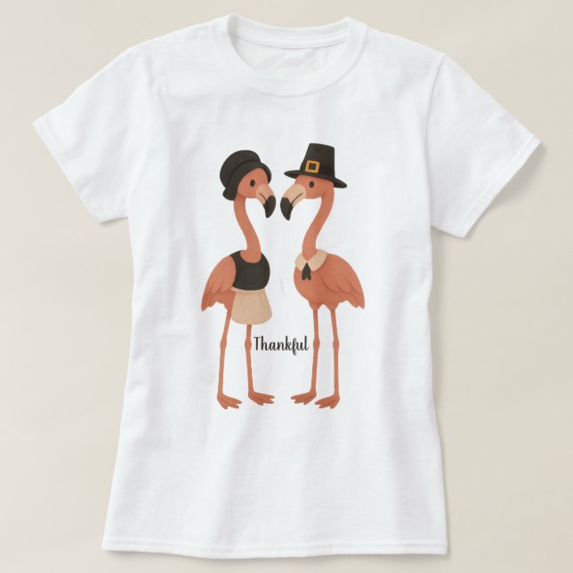 Camiseta Thanksgiving Pilgrim Flamingos “Thankful” Cursive (Diseño del anverso)