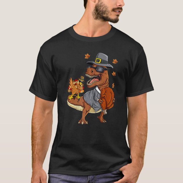 Camiseta Thanksgiving Rex Dabbing Turkey Pilgrim Boys Kids  (Anverso)