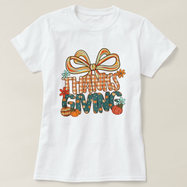 Camiseta Thanksgiving Shirt – Cute Fall Plaid Design Bow (Diseño del anverso)
