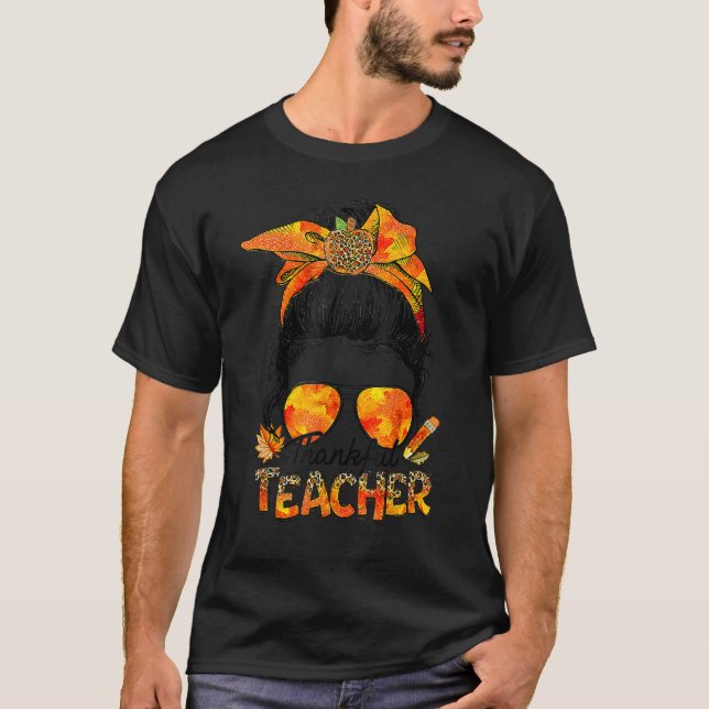 Camiseta Thanksgiving Thankful Teacher Messy Bun Leopard (Anverso)