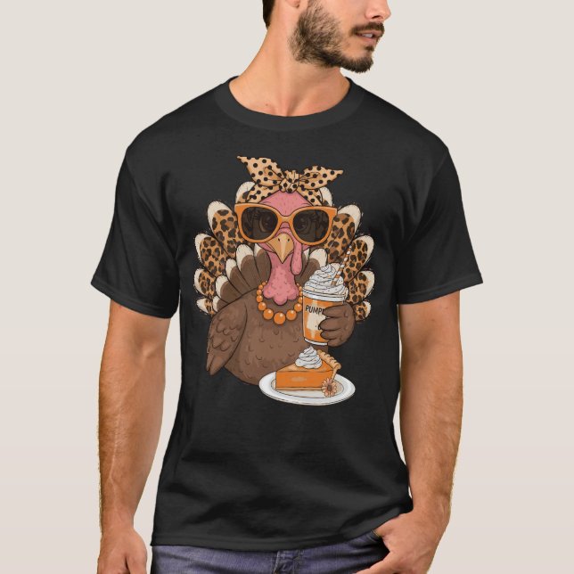 Camiseta Thanksgiving Turkey Drinking Coffee Leopard   (Anverso)