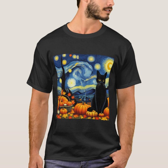 Camiseta Thanksgiving Van Gogh Starry Night Black Cat Pumpk (Anverso)
