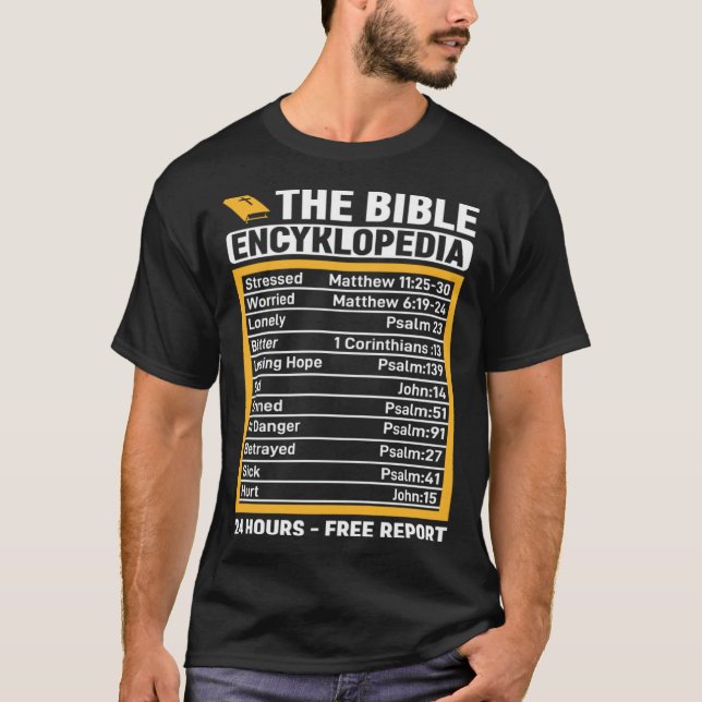 Camiseta The Bible Encyklopedia 24 Hours  Free Report (Anverso)