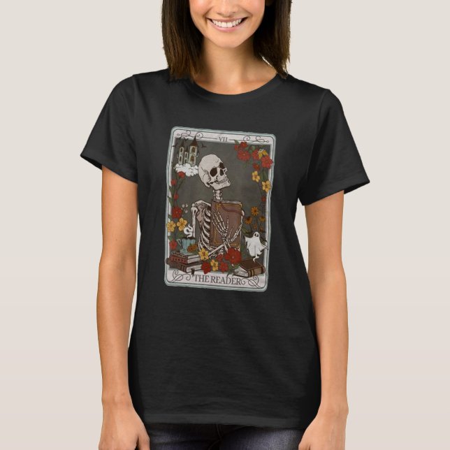 Camiseta The Reader Tarot Card Bookish Skeleton Librarian B (Anverso)