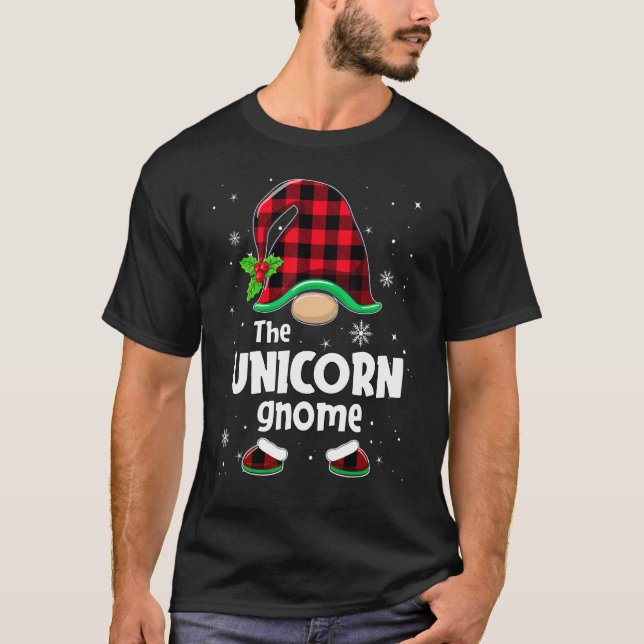 Camiseta The Unicorn Gnome Buffalo Plaid Christmas Matching (Anverso)