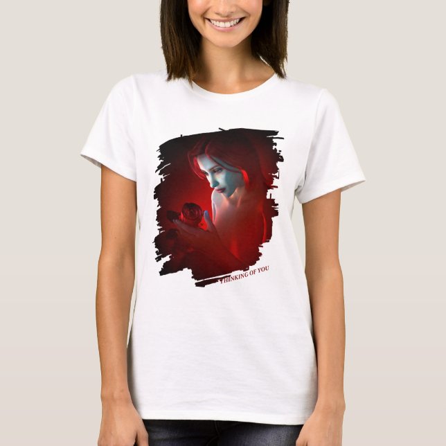 Camiseta Thinking of You. Beautiful woman holding a rose (Anverso)