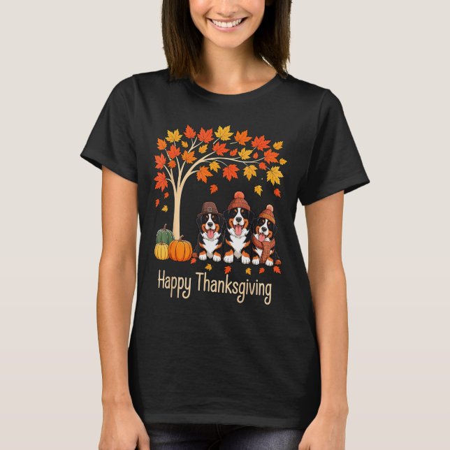 Camiseta Three Bernese Mountain Dogs Fall Tree Happy Thanks (Anverso)