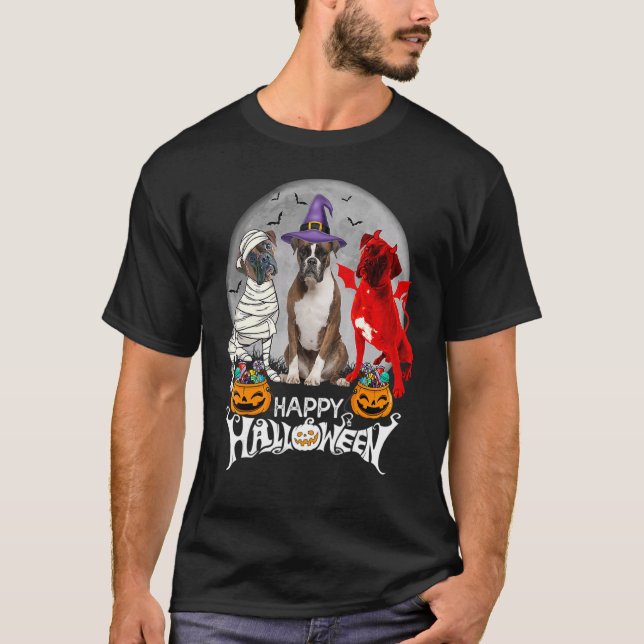 Camiseta Three Boxer Dog Brindle Boxer Mummy Witch Demon Ha (Anverso)