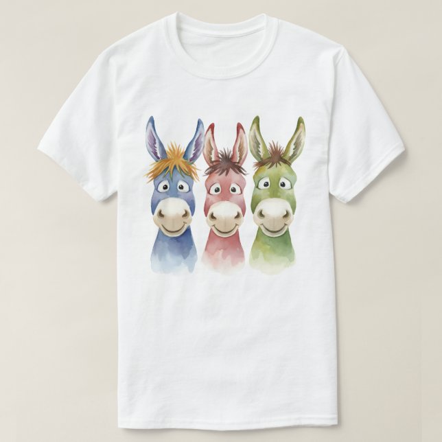 Camiseta Three Colorful Cartoon Donkeys in Watercolor Style (Diseño del anverso)