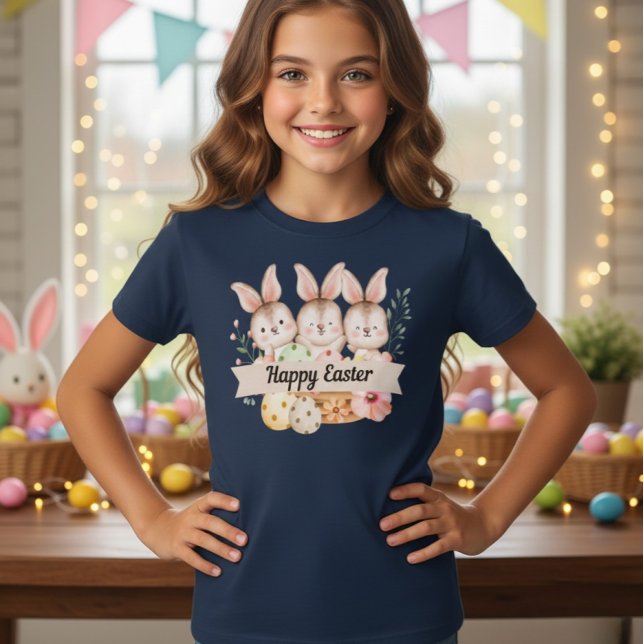 Camiseta Three Cute Bunnies Happy Easter Girls T-Shirt (Subido por el creador)
