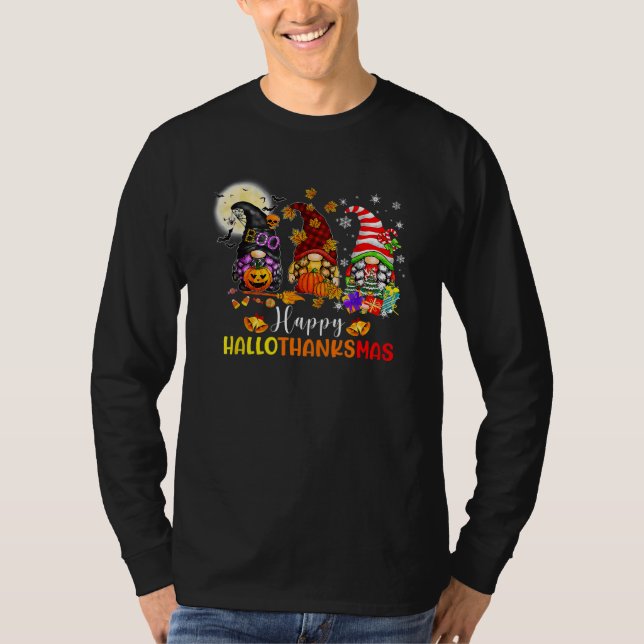 Camiseta Three Gnomes Halloween Merry Christmas Happy Hallo (Anverso)