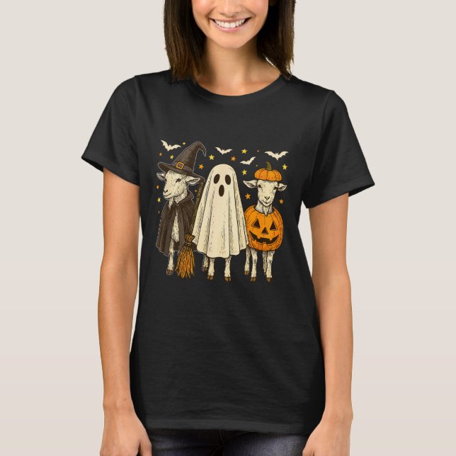 Camiseta Three Halloween Goats Cosplay Witch Boo Carved Pum (Anverso)