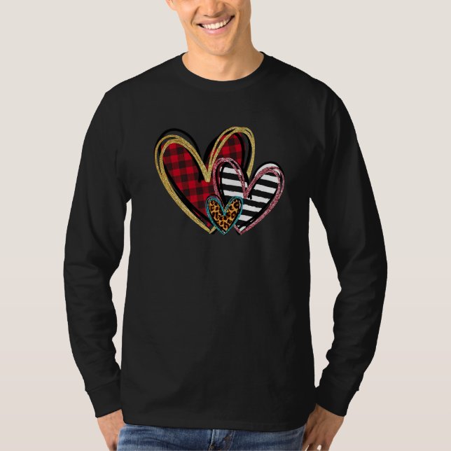 Camiseta Three Hearts Leopard Buffalo Plaid Valentine's day (Anverso)