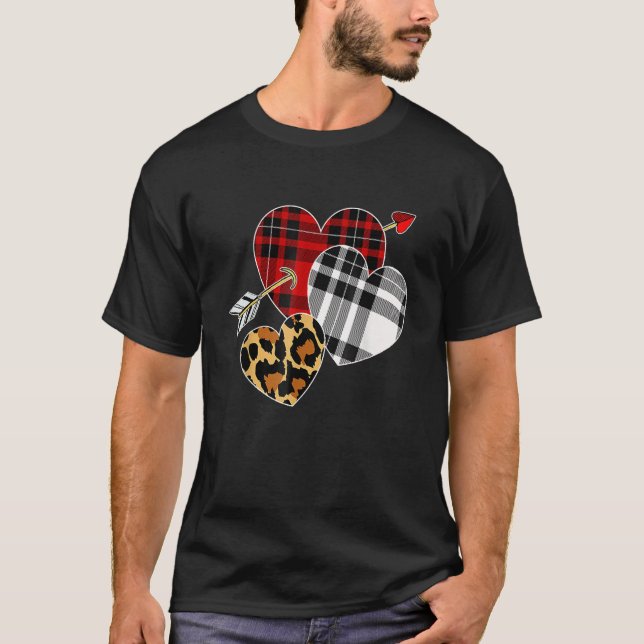Camiseta Three Hearts Leopard Plaid Valentine's Day For Boy (Anverso)