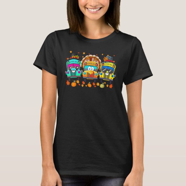 Camiseta Three School Buses Pilgrim Turkey Fall Vibes Thank (Anverso)
