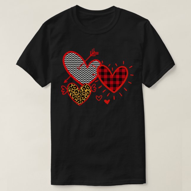Camiseta Three Valentine's Day Hearts  Plaid Leopard Stripe (Diseño del anverso)