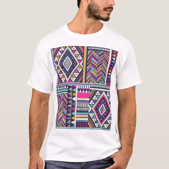 Camiseta Tíbal retro, patrón geométrico vintage. (Anverso)