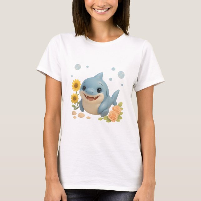 Camiseta Tiburón bebé con flores y burbujas (Anverso)