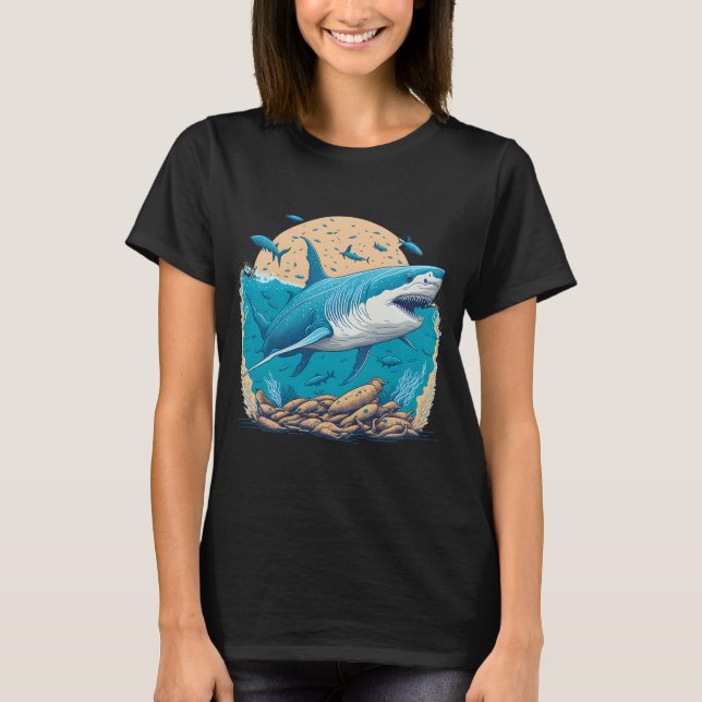 Camiseta Tiburón blanco nadando con peces pequeños (Anverso)