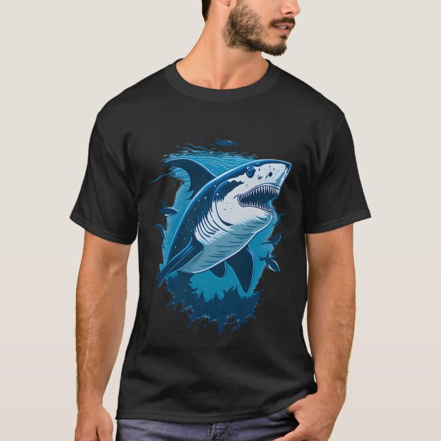 Camiseta Tiburón blanco nadando con peces pequeños (Anverso)