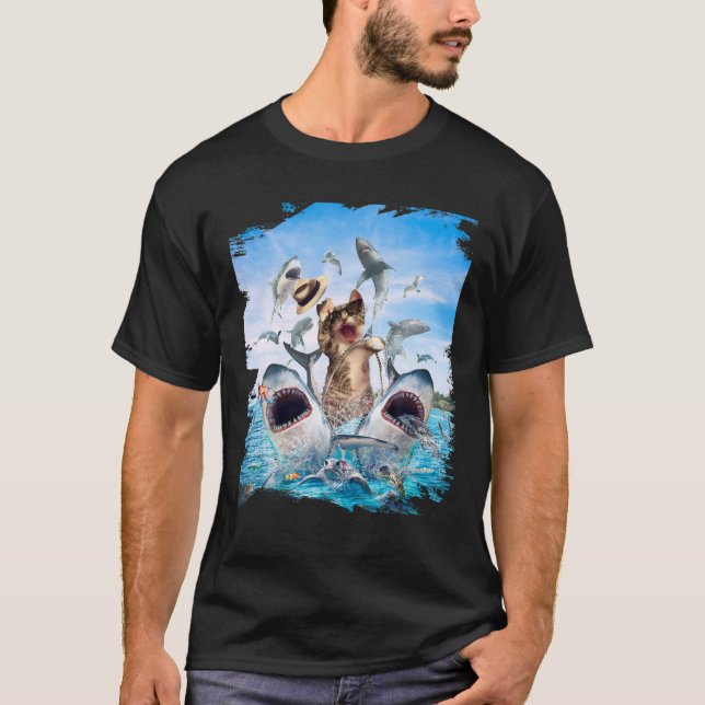 Camiseta Tiburón que monta un gato, tiburones de gatos de l (Anverso)