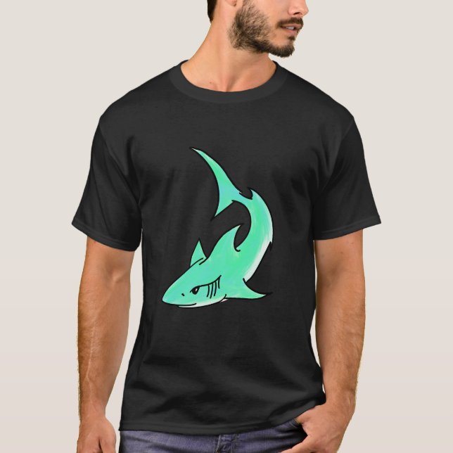 Camiseta tiburón sonriente de dibujos animados azul verde m (Anverso)