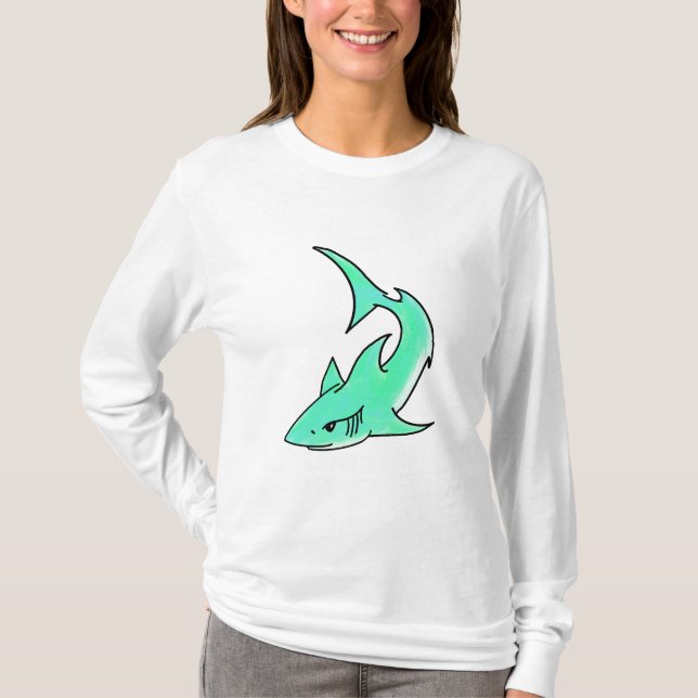 Camiseta tiburón sonriente de dibujos animados azul verde m (Anverso)