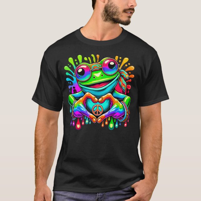 Camiseta Tie-Dye Hippie Frog Peace Sign and Heart Sign (Anverso)
