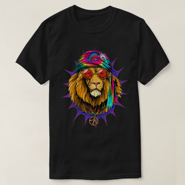Camiseta Tie Dye Hippie Lion Hippiness Peace Love Lion Prem (Diseño del anverso)