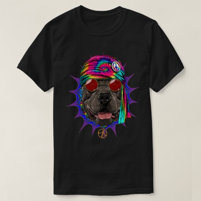 Camiseta Tie Dye Hippie Pit Bull Hippiness Peace Love Dog (Diseño del anverso)