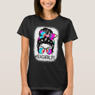 Camiseta Tie Dye Teacher Life Messy Bun Glasses Mujeres Ble